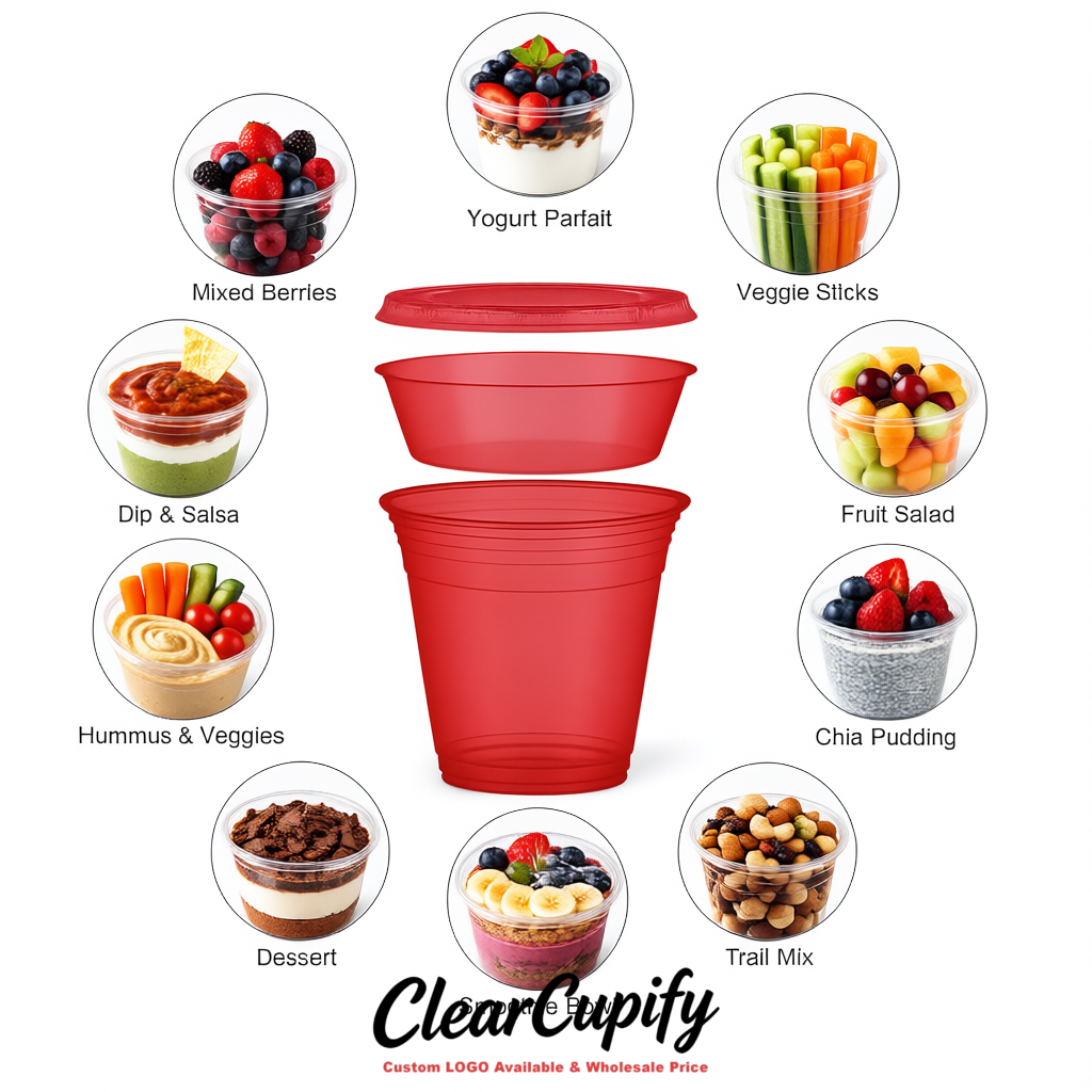 Matte Red 12 oz Disposable Plastic Parfait Cups with Insert & Flat lids 3.85 x 2.1 x 4 inches