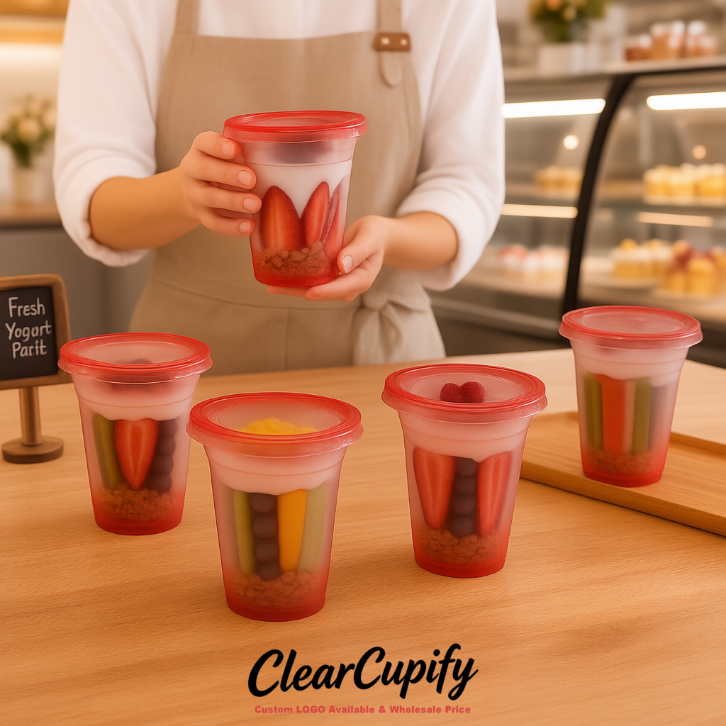 Matte Red 12 oz Disposable Plastic Parfait Cups with Insert & Flat lids 3.85 x 2.1 x 4 inches