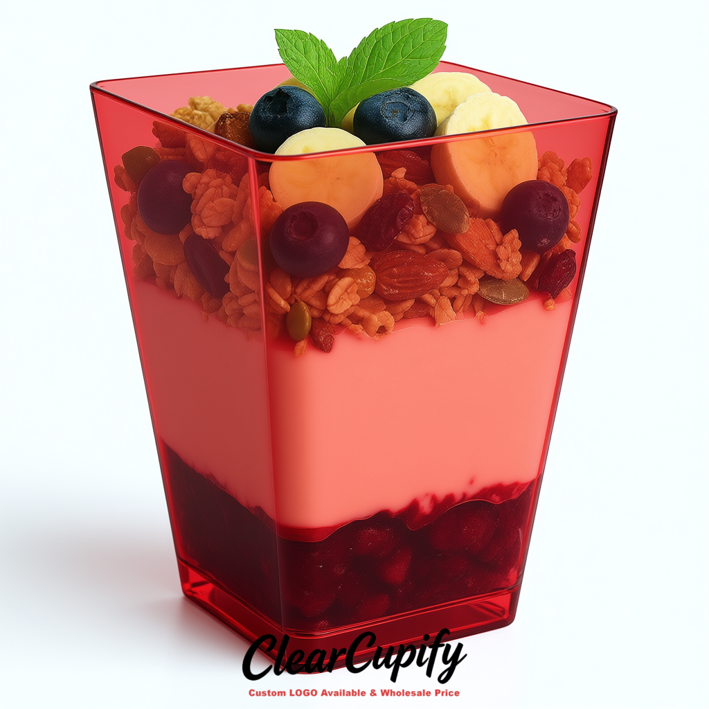 Wholesale Matte Red 5 oz Square Clear Plastic Dessert Cups with Spoons for Appetizers, Puddings, Mousse, Parfait