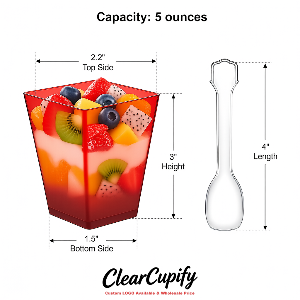 Wholesale Matte Red 5 oz Square Clear Plastic Dessert Cups with Spoons for Appetizers, Puddings, Mousse, Parfait
