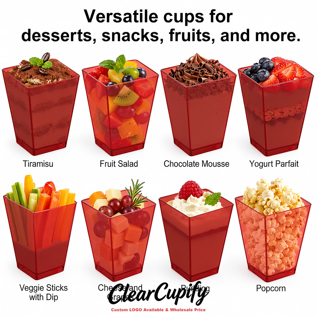 Wholesale Matte Red 5 oz Square Clear Plastic Dessert Cups with Spoons for Appetizers, Puddings, Mousse, Parfait