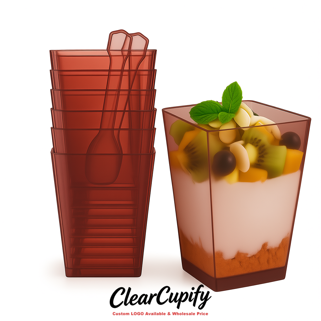 Wholesale Matte Red 5 oz Square Clear Plastic Dessert Cups with Spoons for Appetizers, Puddings, Mousse, Parfait