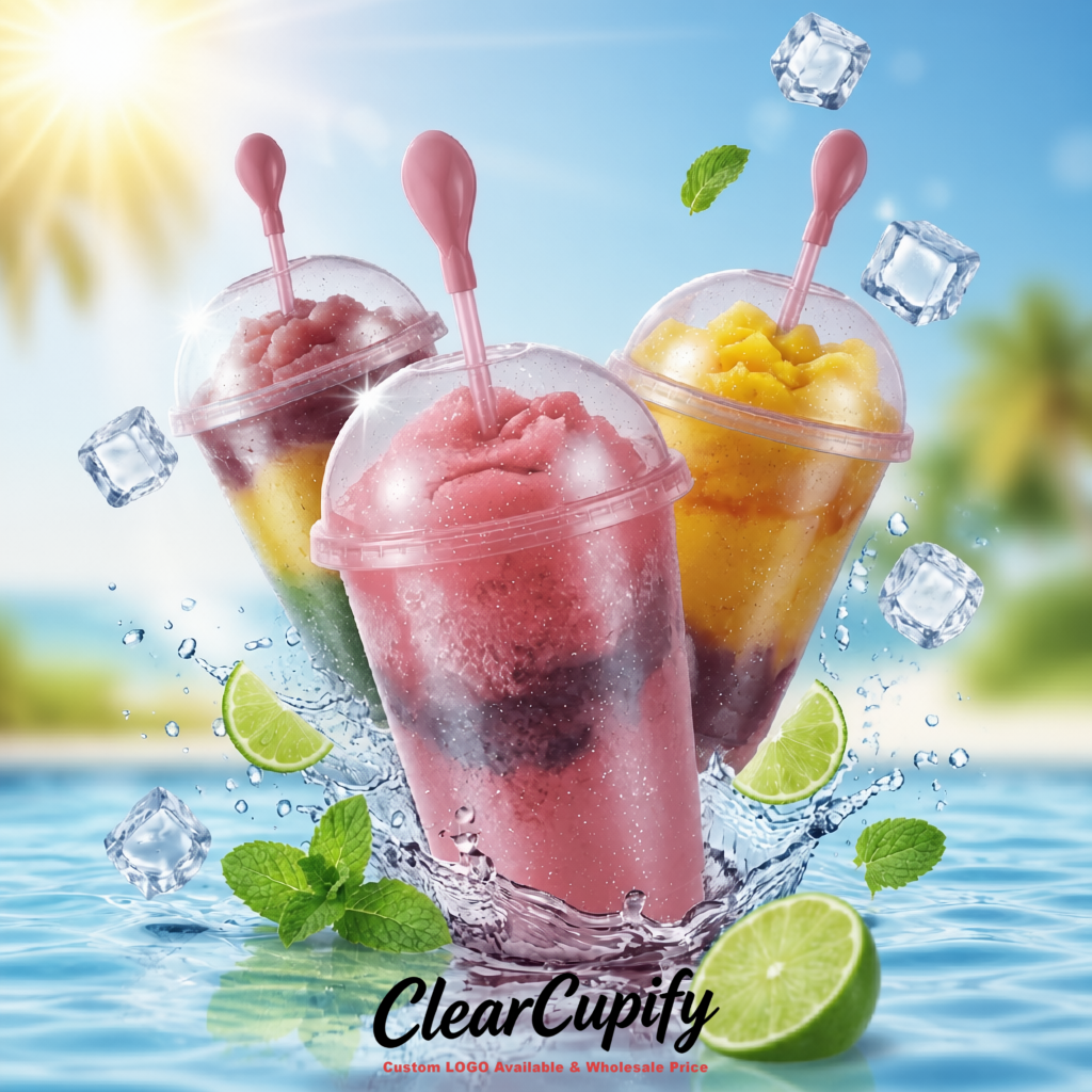 Mauve 16 oz Plastic Slushie Cups with Dome Lid & Detachable Spoon Straws for Milkshake, Boba, Smoothies, Iced Coffee