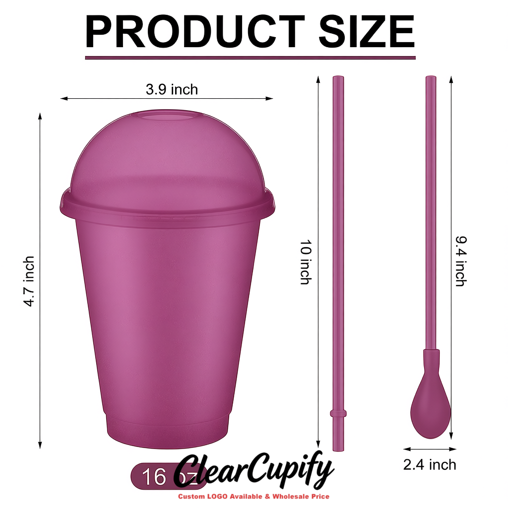Mauve 16 oz Plastic Slushie Cups with Dome Lid & Detachable Spoon Straws for Milkshake, Boba, Smoothies, Iced Coffee