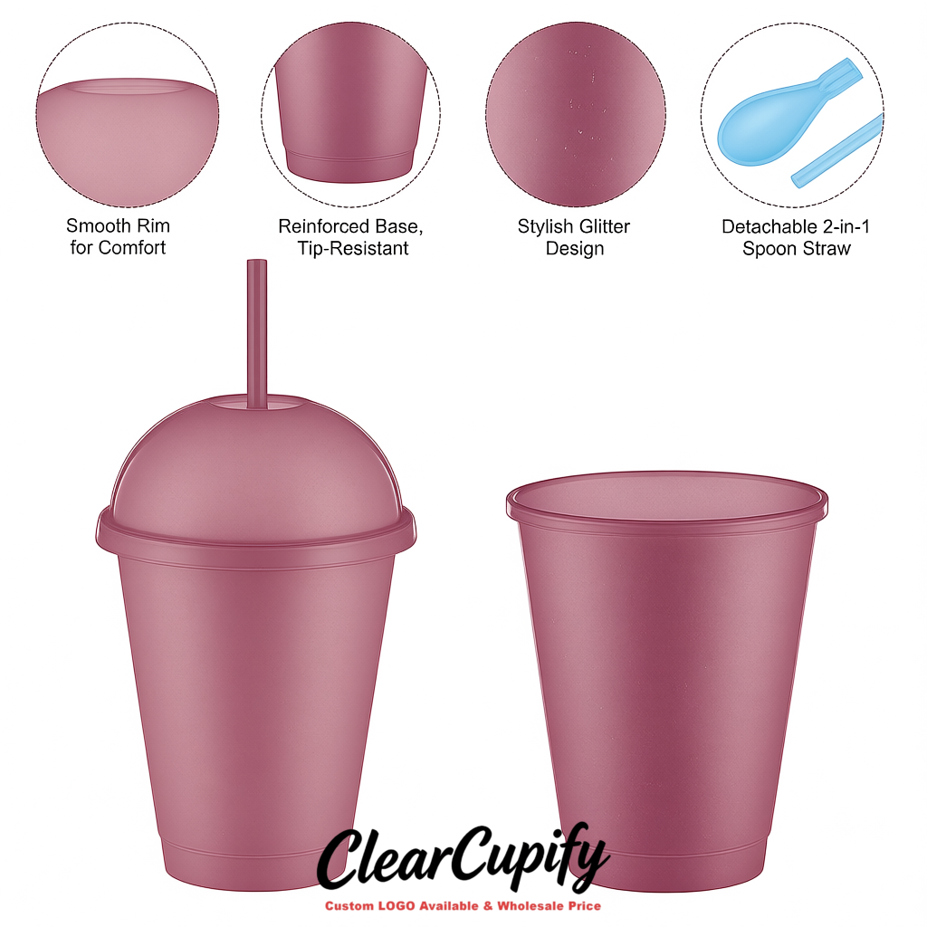 Mauve 16 oz Plastic Slushie Cups with Dome Lid & Detachable Spoon Straws for Milkshake, Boba, Smoothies, Iced Coffee