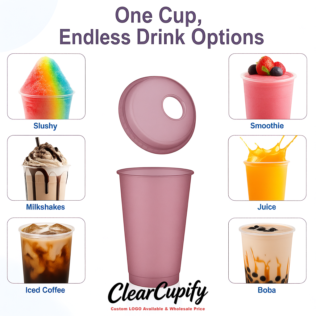 Mauve 16 oz Plastic Slushie Cups with Dome Lid & Detachable Spoon Straws for Milkshake, Boba, Smoothies, Iced Coffee