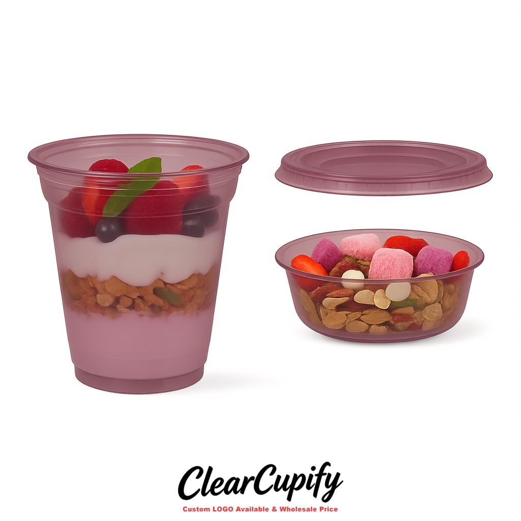 Mauve 12 oz Disposable Plastic Parfait Cups with Insert & Flat lids 3.85 x 2.1 x 4 inches