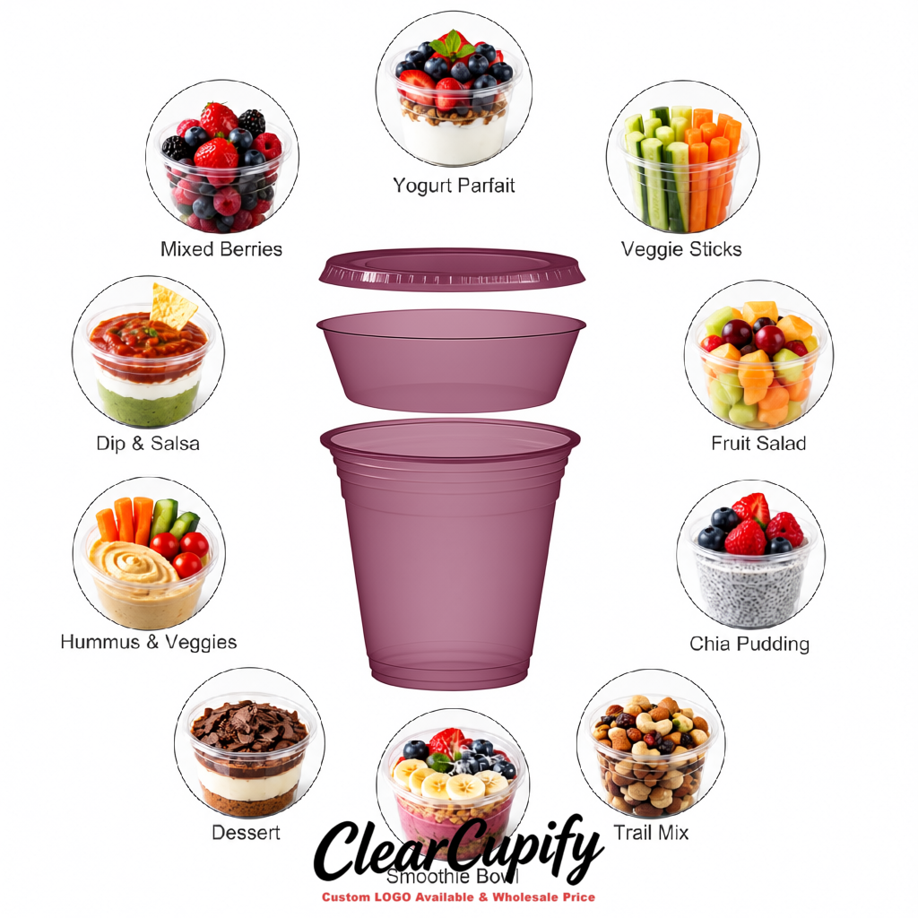 Mauve 12 oz Disposable Plastic Parfait Cups with Insert & Flat lids 3.85 x 2.1 x 4 inches