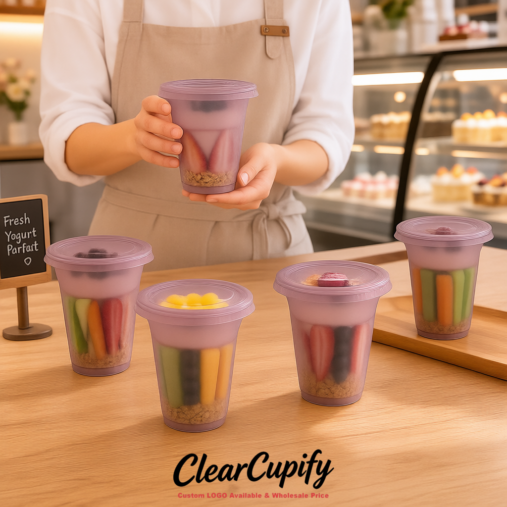 Mauve 12 oz Disposable Plastic Parfait Cups with Insert & Flat lids 3.85 x 2.1 x 4 inches