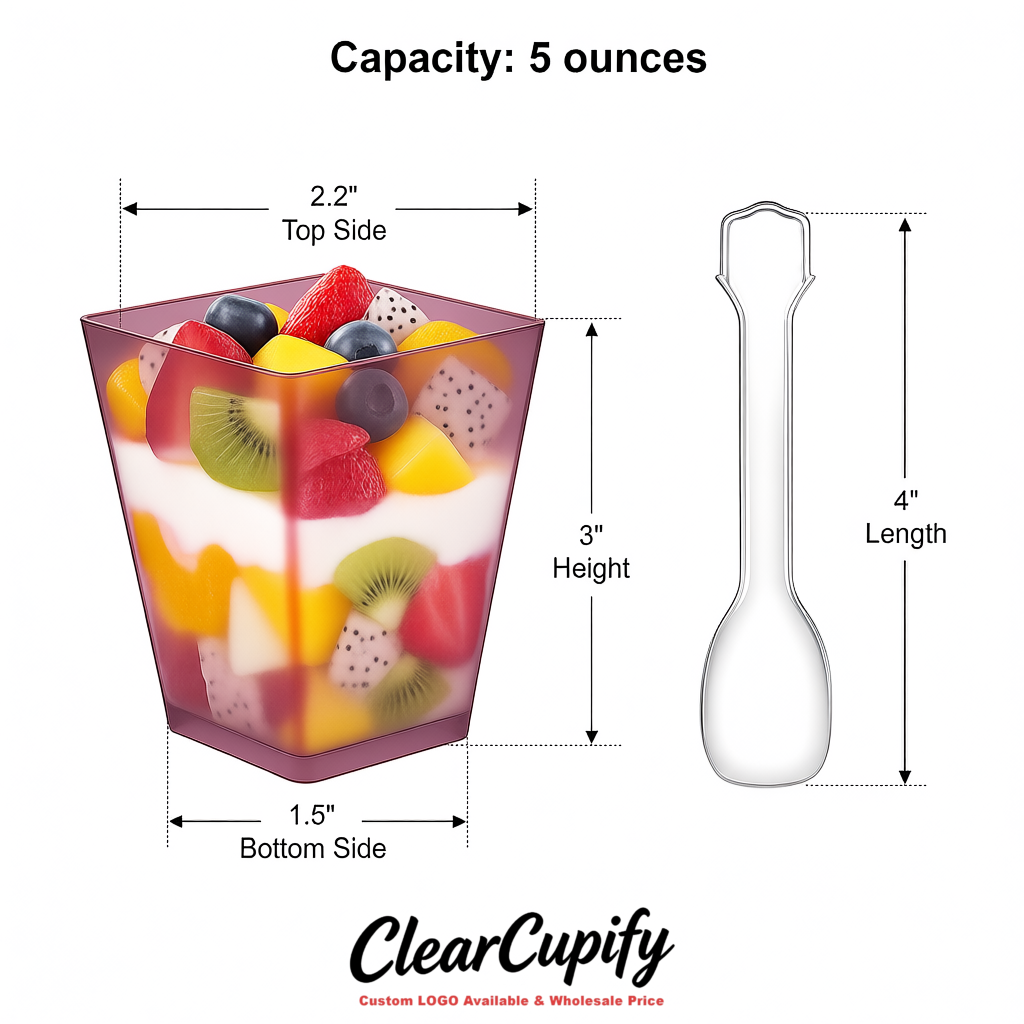 Wholesale Mauve 5 oz Square Clear Plastic Dessert Cups with Spoons for Appetizers, Puddings, Mousse, Parfait Wholesale Mauve 5 oz Square Clear Plastic Dessert Cups with Spoons for Appetizers, Puddings, Mousse, Parfait