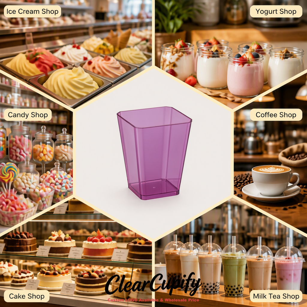Wholesale Mauve 5 oz Square Clear Plastic Dessert Cups with Spoons for Appetizers, Puddings, Mousse, Parfait