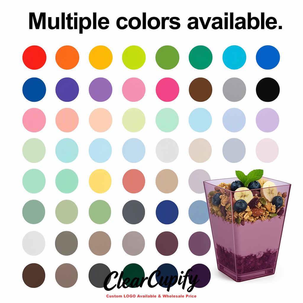 Wholesale Mauve 5 oz Square Clear Plastic Dessert Cups with Spoons for Appetizers, Puddings, Mousse, Parfait