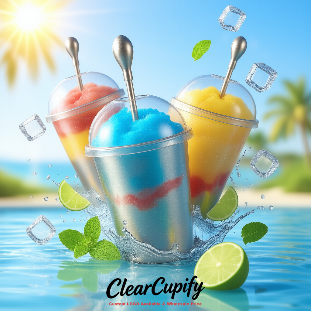 Metallic 16 oz Plastic Slushie Cups with Dome Lid & Detachable Spoon Straws for Milkshake, Boba, Smoothies, Iced Coffee