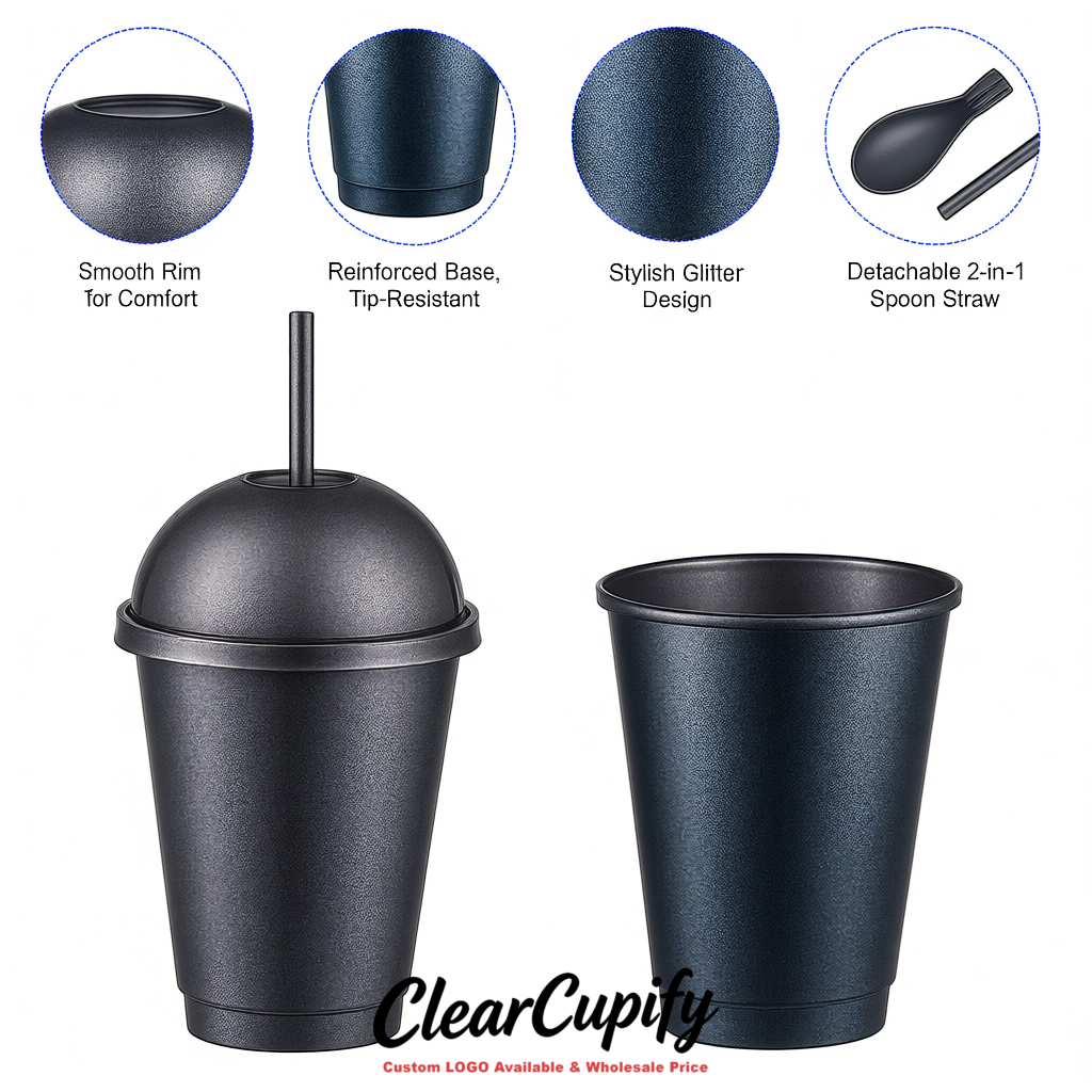 Metallic 16 oz Plastic Slushie Cups with Dome Lid & Detachable Spoon Straws for Milkshake, Boba, Smoothies, Iced Coffee