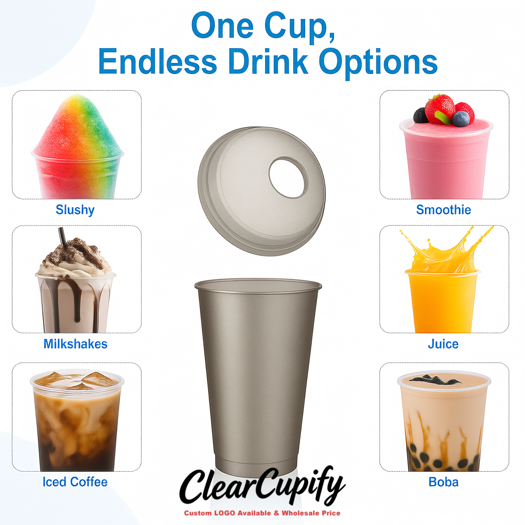 Metallic 16 oz Plastic Slushie Cups with Dome Lid & Detachable Spoon Straws for Milkshake, Boba, Smoothies, Iced Coffee