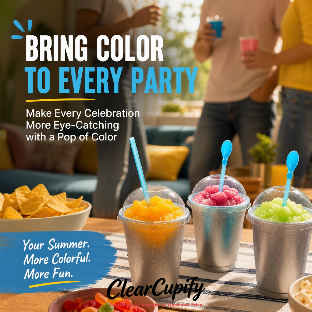 Metallic 16 oz Plastic Slushie Cups with Dome Lid & Detachable Spoon Straws for Milkshake, Boba, Smoothies, Iced Coffee