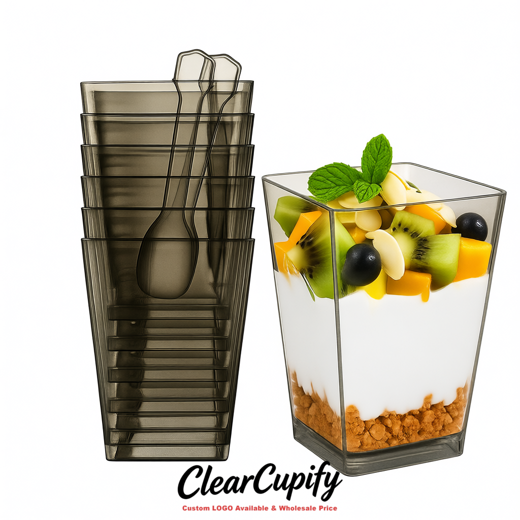 Wholesale Metallic 5 oz Square Clear Plastic Dessert Cups with Spoons for Appetizers, Puddings, Mousse, Parfait