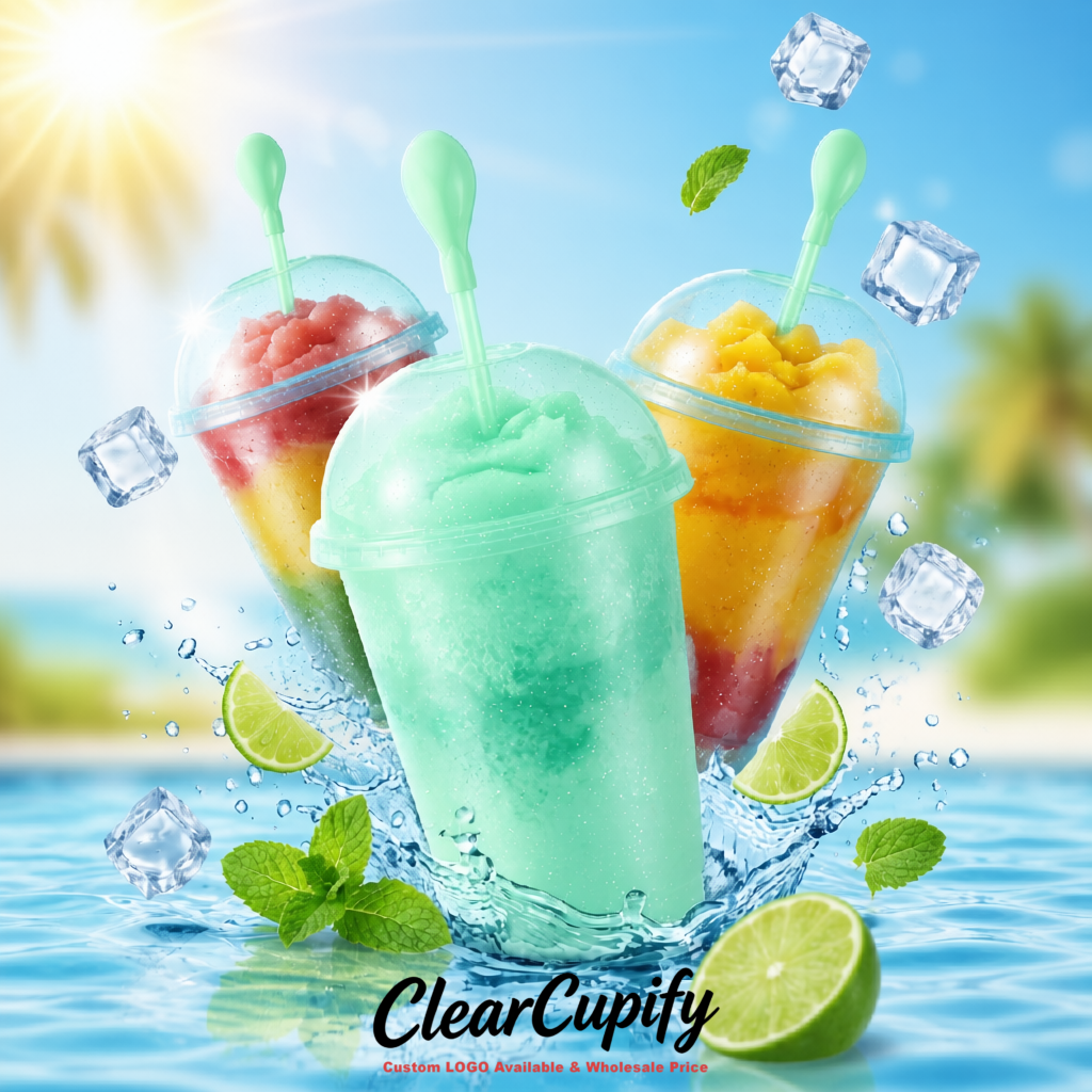 Mint Green 16 oz Plastic Slushie Cups with Dome Lid & Detachable Spoon Straws for Milkshake, Boba, Smoothies, Iced Coffee