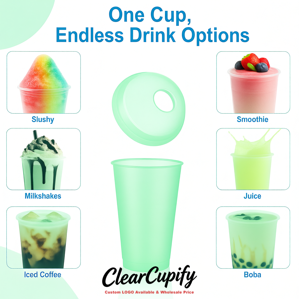 Mint Green 16 oz Plastic Slushie Cups with Dome Lid & Detachable Spoon Straws for Milkshake, Boba, Smoothies, Iced Coffee