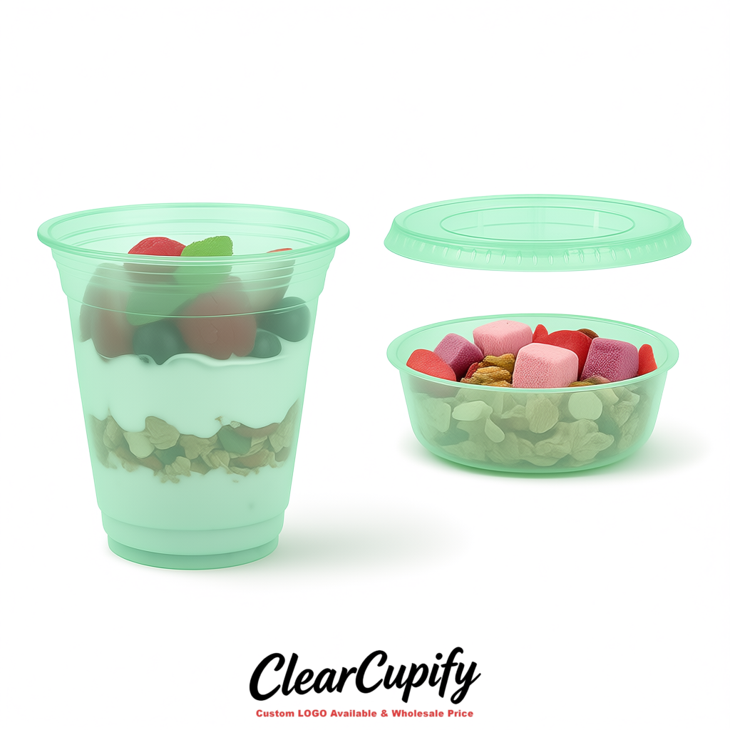 Mint Green 12 oz Disposable Plastic Parfait Cups with Insert & Flat lids 3.85 x 2.1 x 4 inches