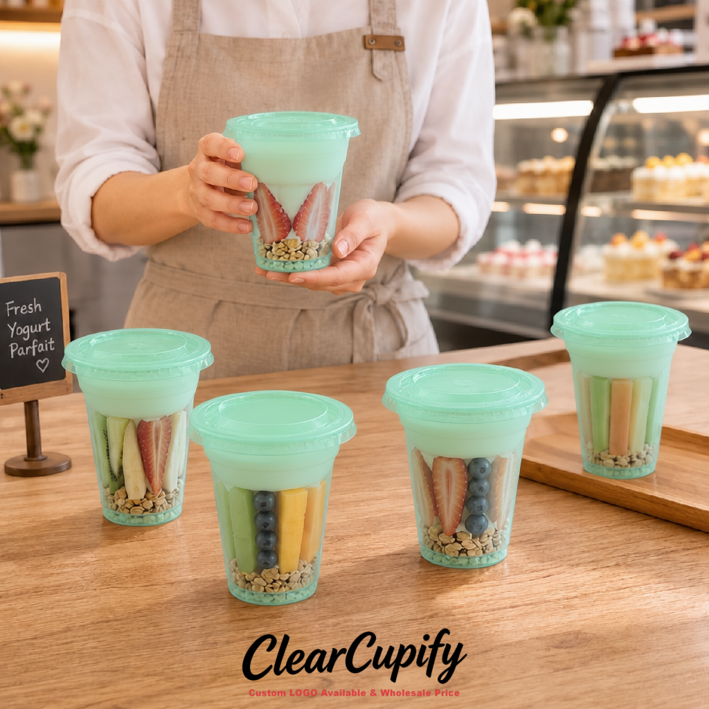Mint Green 12 oz Disposable Plastic Parfait Cups with Insert & Flat lids 3.85 x 2.1 x 4 inches
