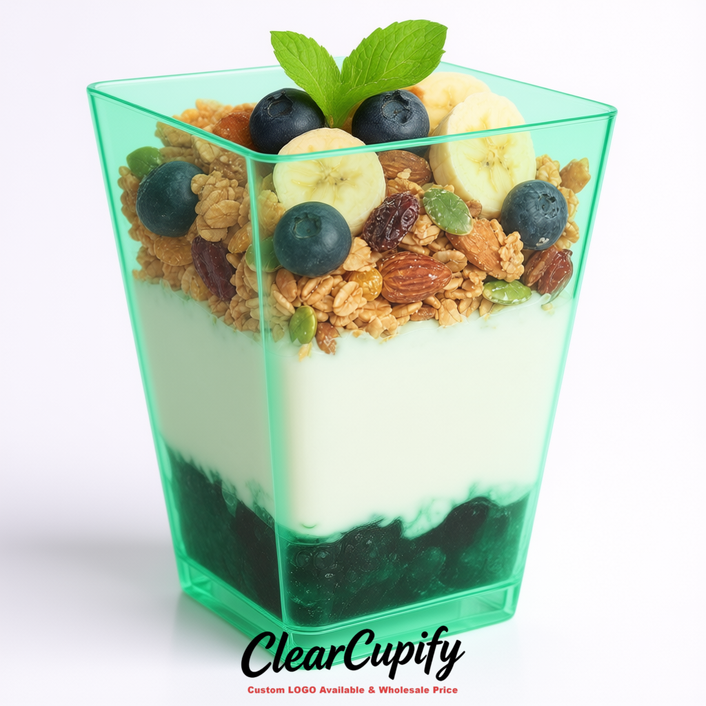 Wholesale Mint Green 5 oz Square Clear Plastic Dessert Cups with Spoons for Appetizers, Puddings, Mousse, Parfait