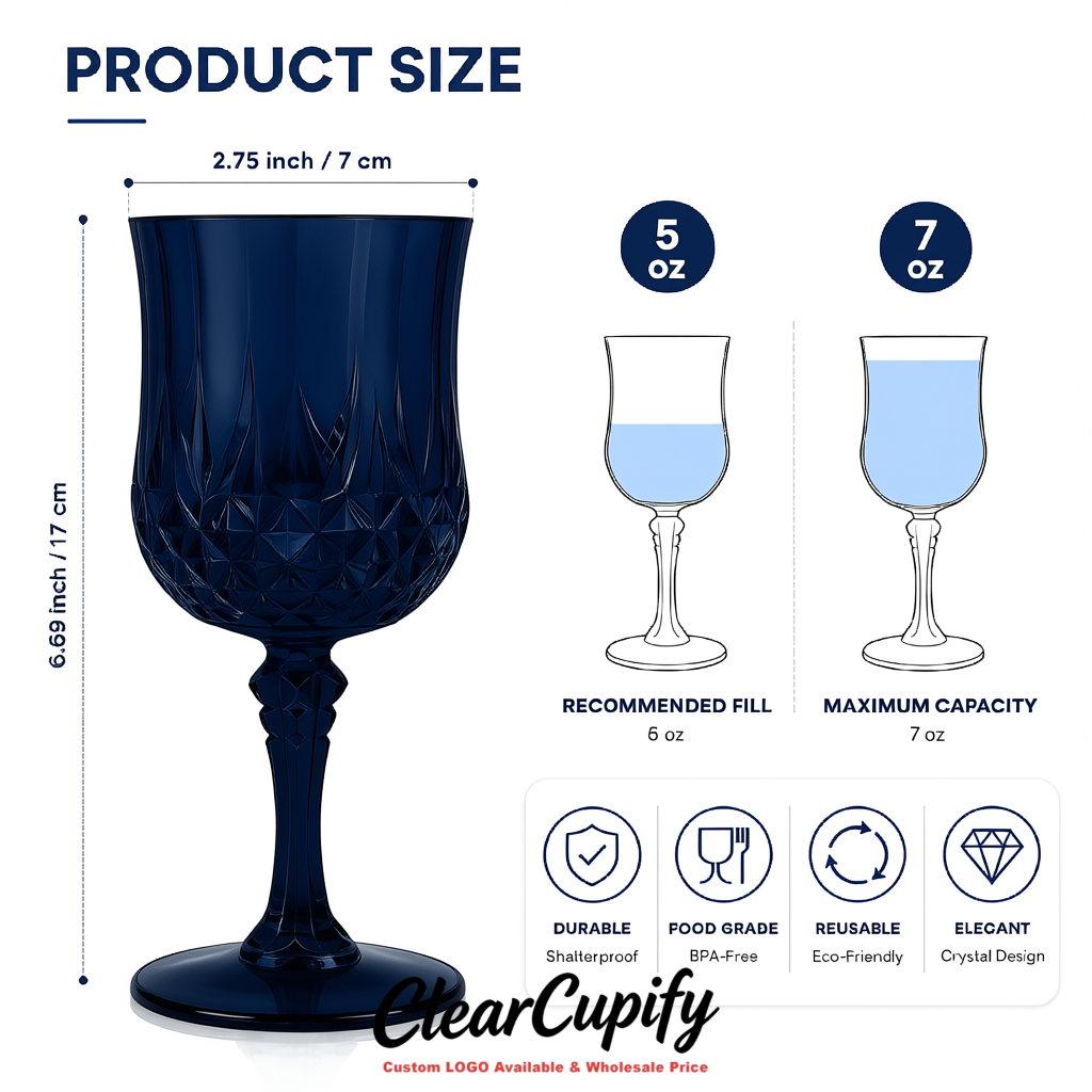 Navy Blue 7oz Acrylic Plastic Wine Goblets - 2.7 x 6.7 inches Party & Wedding Wine Glasses