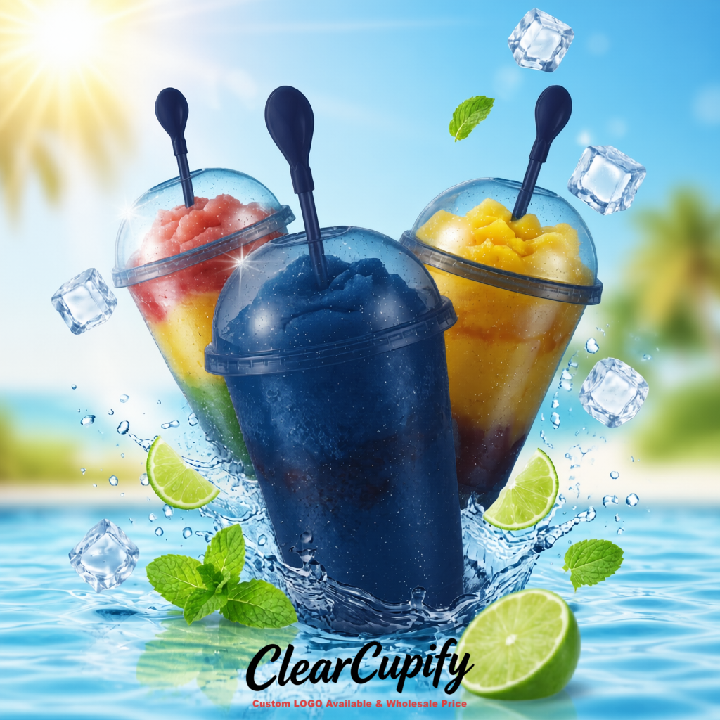 Navy Blue 16 oz Plastic Slushie Cups with Dome Lid & Detachable Spoon Straws for Milkshake, Boba, Smoothies, Iced Coffee