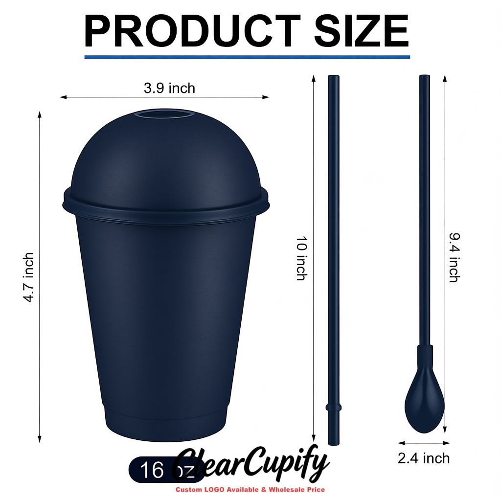Navy Blue 16 oz Plastic Slushie Cups with Dome Lid & Detachable Spoon Straws for Milkshake, Boba, Smoothies, Iced Coffee