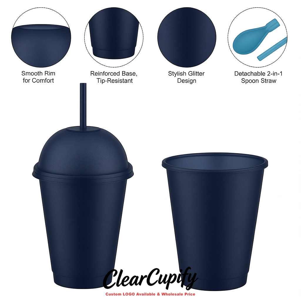 Navy Blue 16 oz Plastic Slushie Cups with Dome Lid & Detachable Spoon Straws for Milkshake, Boba, Smoothies, Iced Coffee