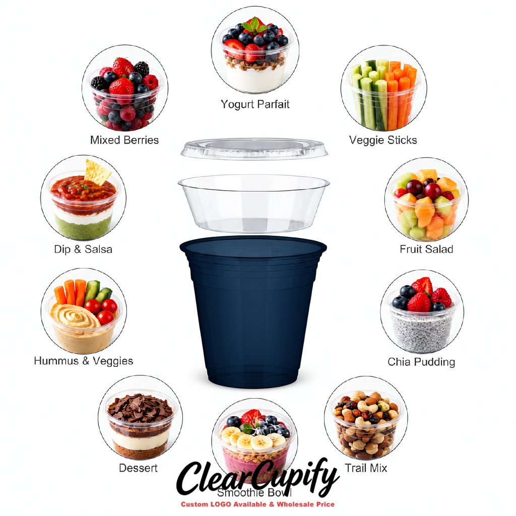 Navy Blue 12 oz Disposable Plastic Parfait Cups with Insert & Flat lids 3.85 x 2.1 x 4 inches