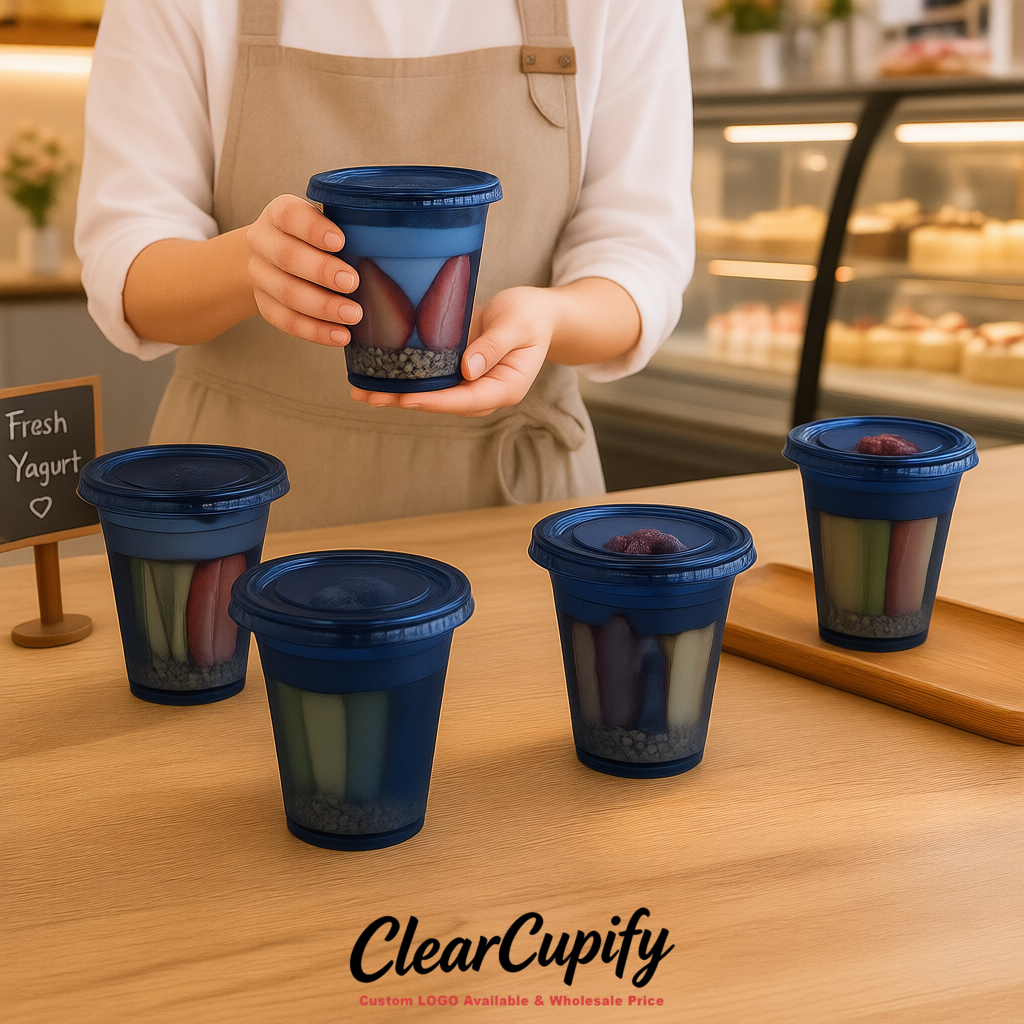 Navy Blue 12 oz Disposable Plastic Parfait Cups with Insert & Flat lids 3.85 x 2.1 x 4 inches Navy Blue 12 oz Disposable Plastic Parfait Cups with Insert & Flat lids 3.85 x 2.1 x 4 inches