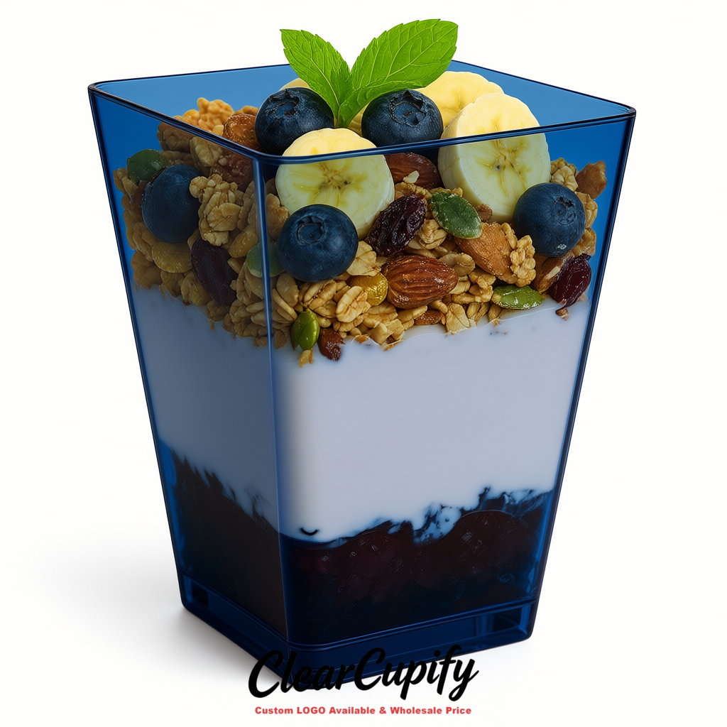 Wholesale Navy Blue 5 oz Square Clear Plastic Dessert Cups with Spoons for Appetizers, Puddings, Mousse, Parfait