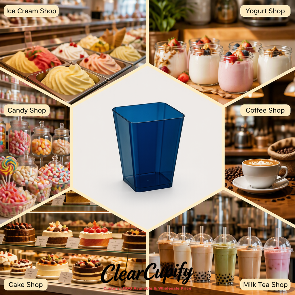 Wholesale Navy Blue 5 oz Square Clear Plastic Dessert Cups with Spoons for Appetizers, Puddings, Mousse, Parfait
