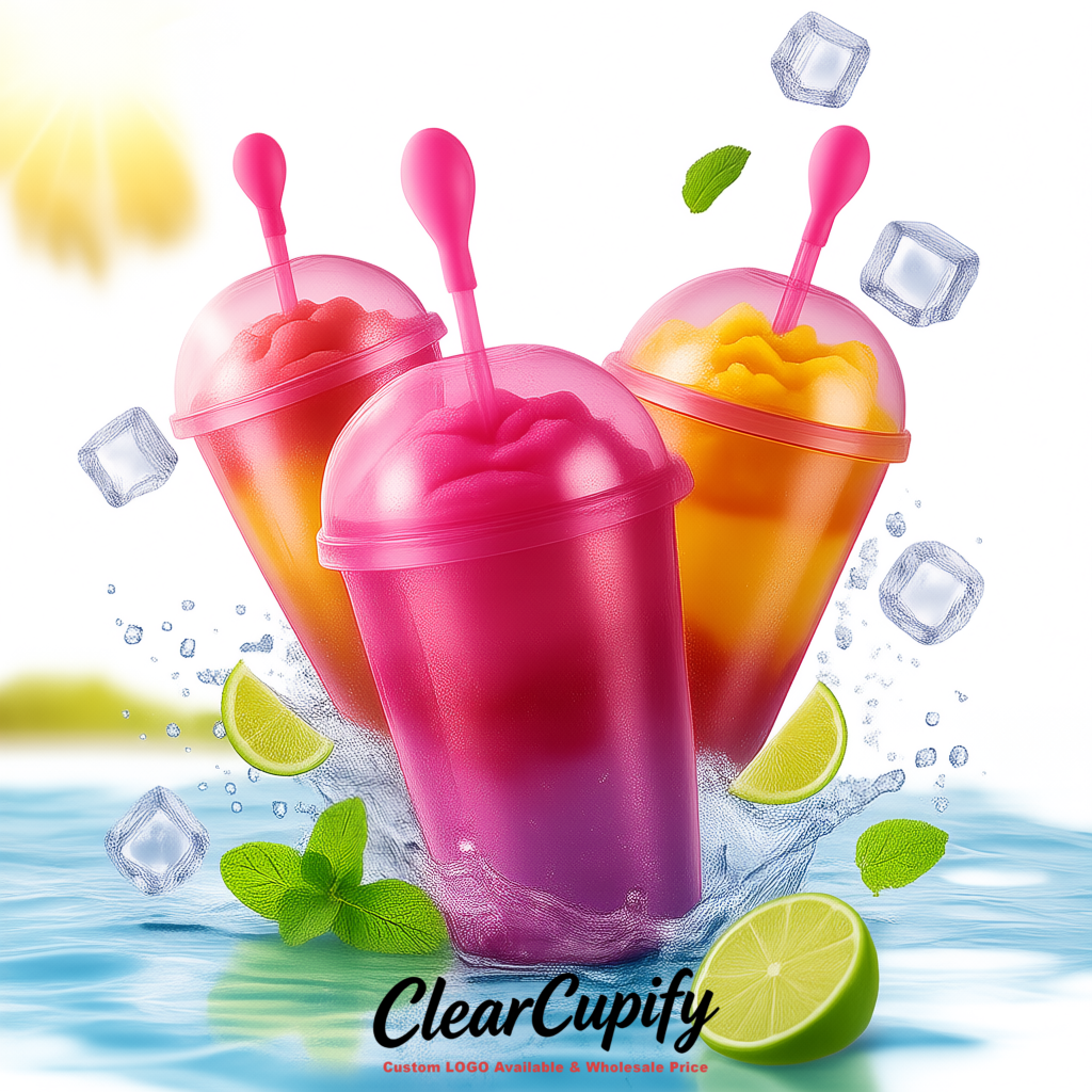 Neon Pink 16 oz Plastic Slushie Cups with Dome Lid & Detachable Spoon Straws for Milkshake, Boba, Smoothies, Iced Coffee