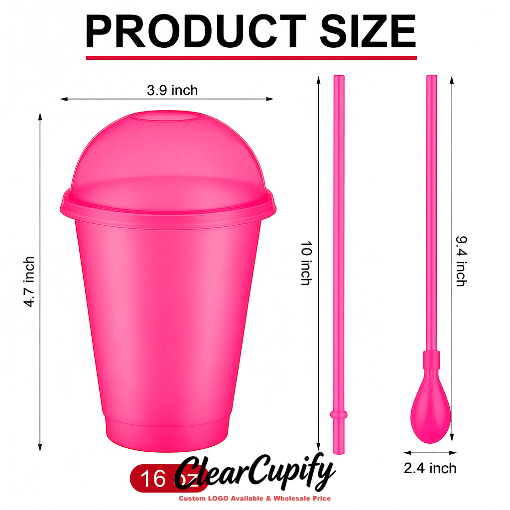 Neon Pink 16 oz Plastic Slushie Cups with Dome Lid & Detachable Spoon Straws for Milkshake, Boba, Smoothies, Iced Coffee