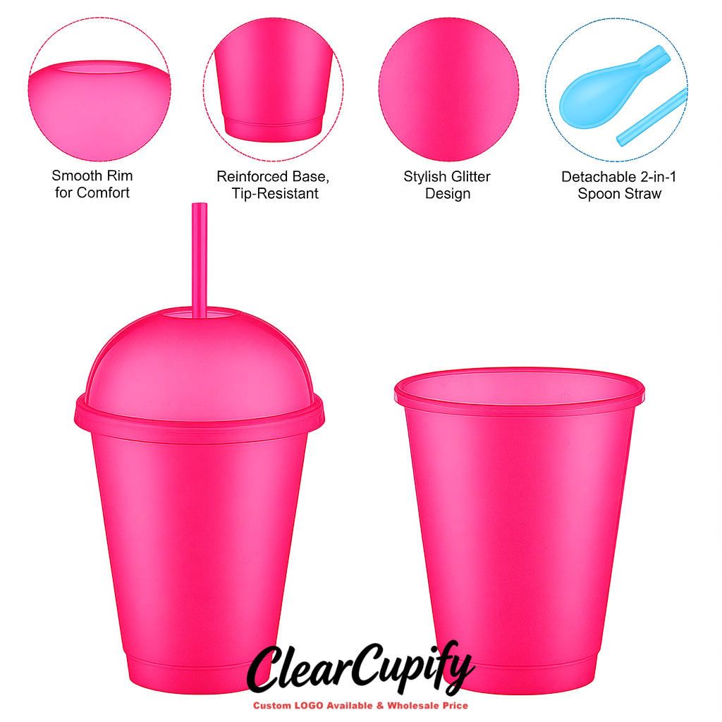 Neon Pink 16 oz Plastic Slushie Cups with Dome Lid & Detachable Spoon Straws for Milkshake, Boba, Smoothies, Iced Coffee