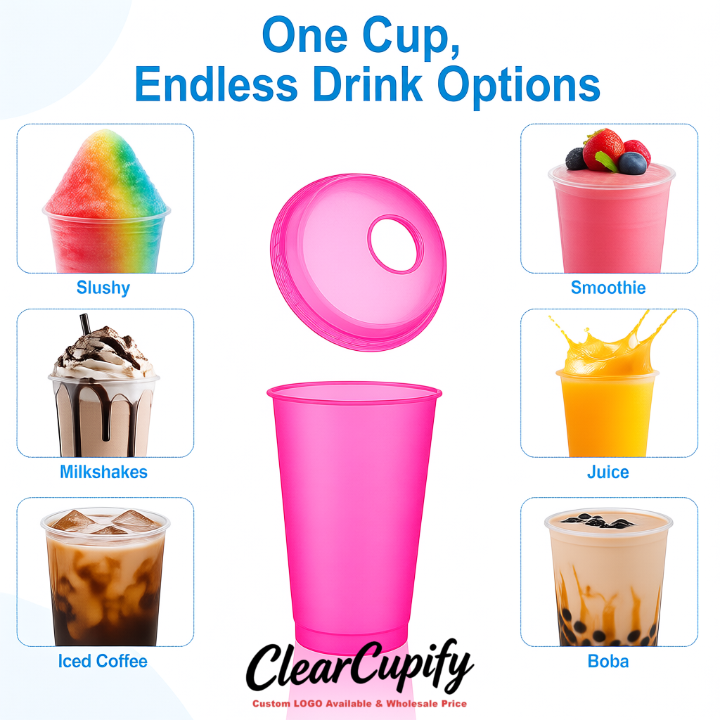 Neon Pink 16 oz Plastic Slushie Cups with Dome Lid & Detachable Spoon Straws for Milkshake, Boba, Smoothies, Iced Coffee