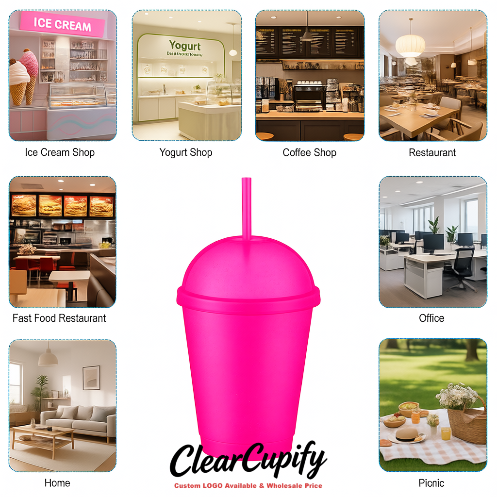 Neon Pink 16 oz Plastic Slushie Cups with Dome Lid & Detachable Spoon Straws for Milkshake, Boba, Smoothies, Iced Coffee