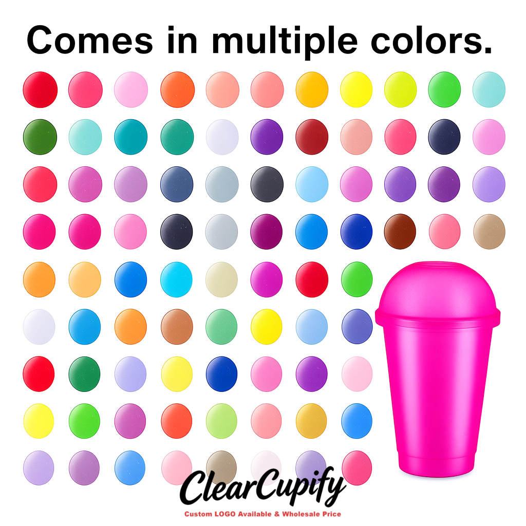 Neon Pink 16 oz Plastic Slushie Cups with Dome Lid & Detachable Spoon Straws for Milkshake, Boba, Smoothies, Iced Coffee