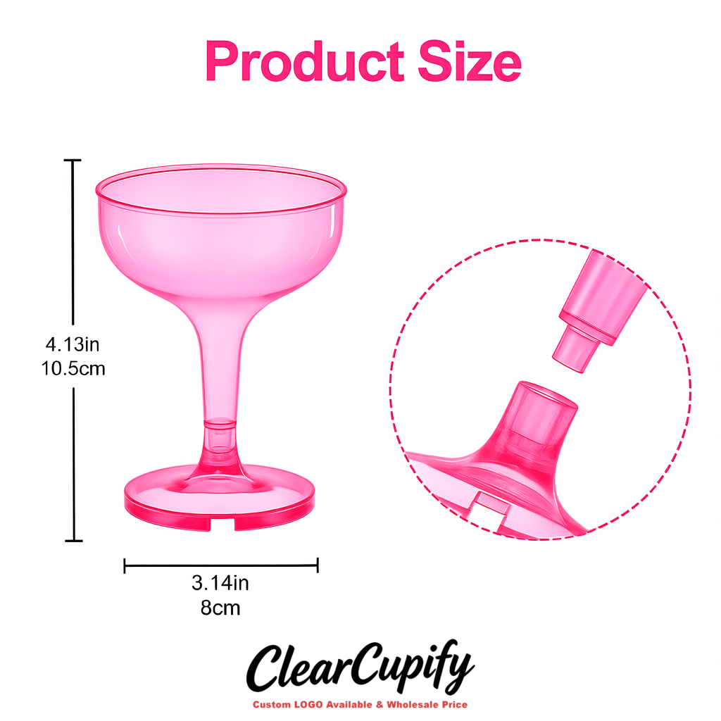 Neon Pink 5oz Stackable Plastic Martini Glasses 4.13x3.14 inches/10.5x8 cm  For Champagne Tower