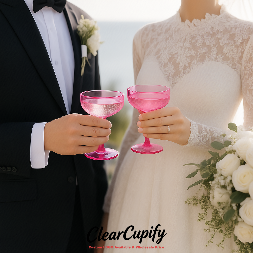 Neon Pink 5oz Stackable Plastic Martini Glasses 4.13x3.14 inches/10.5x8 cm For Champagne Tower