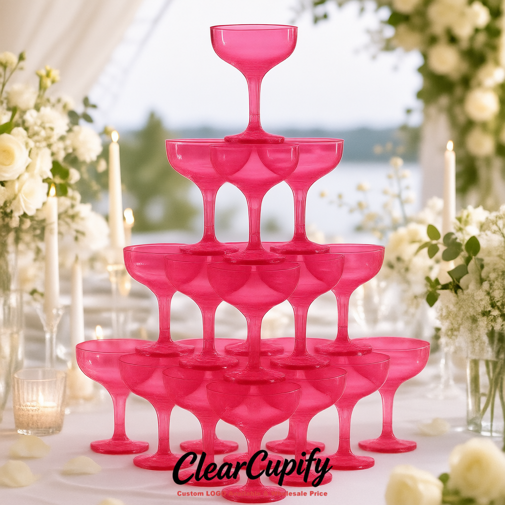 Neon Pink 5oz Stackable Plastic Martini Glasses 4.13x3.14 inches/10.5x8 cm For Champagne Tower