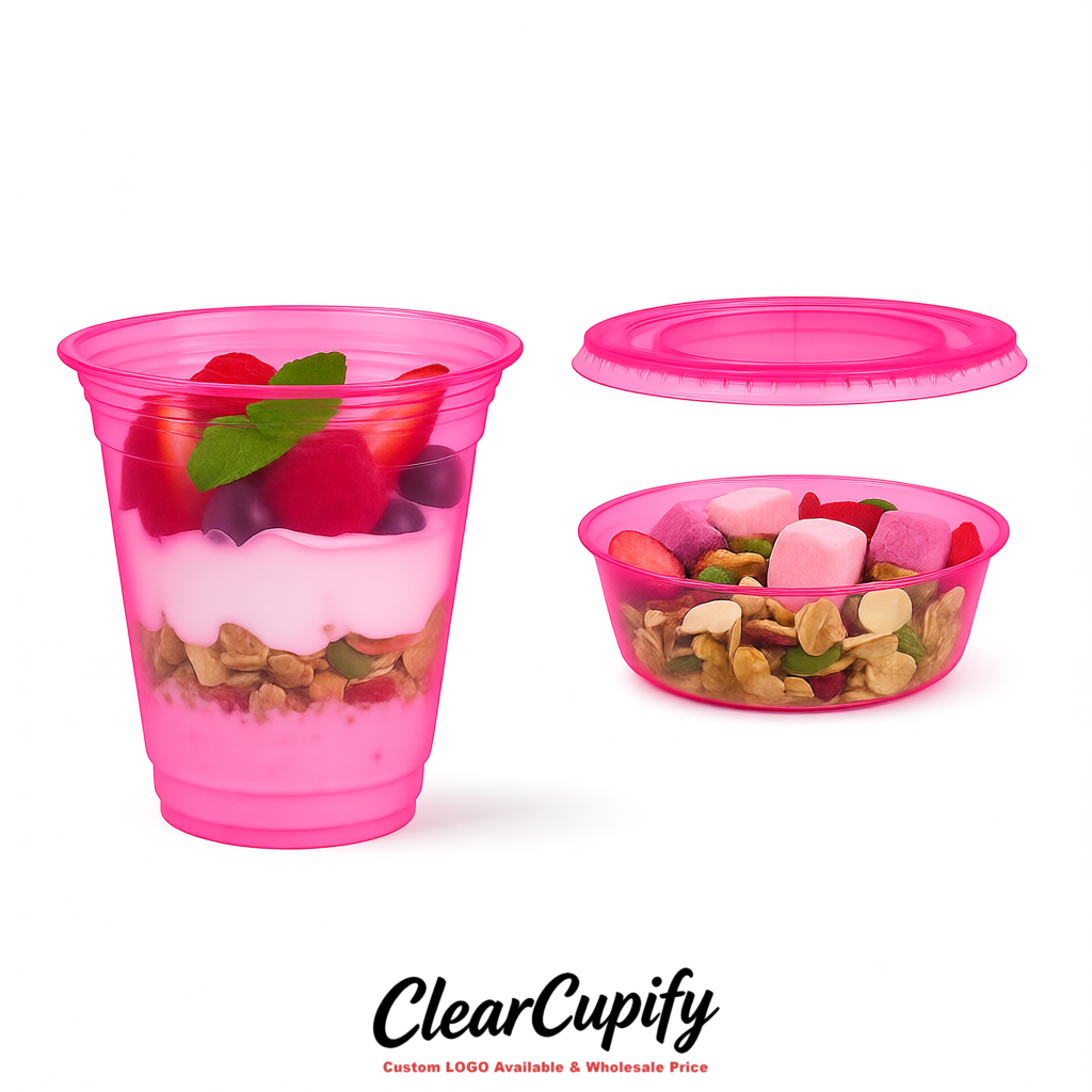 Neon Pink 12 oz Disposable Plastic Parfait Cups with Insert & Flat lids 3.85 x 2.1 x 4 inches