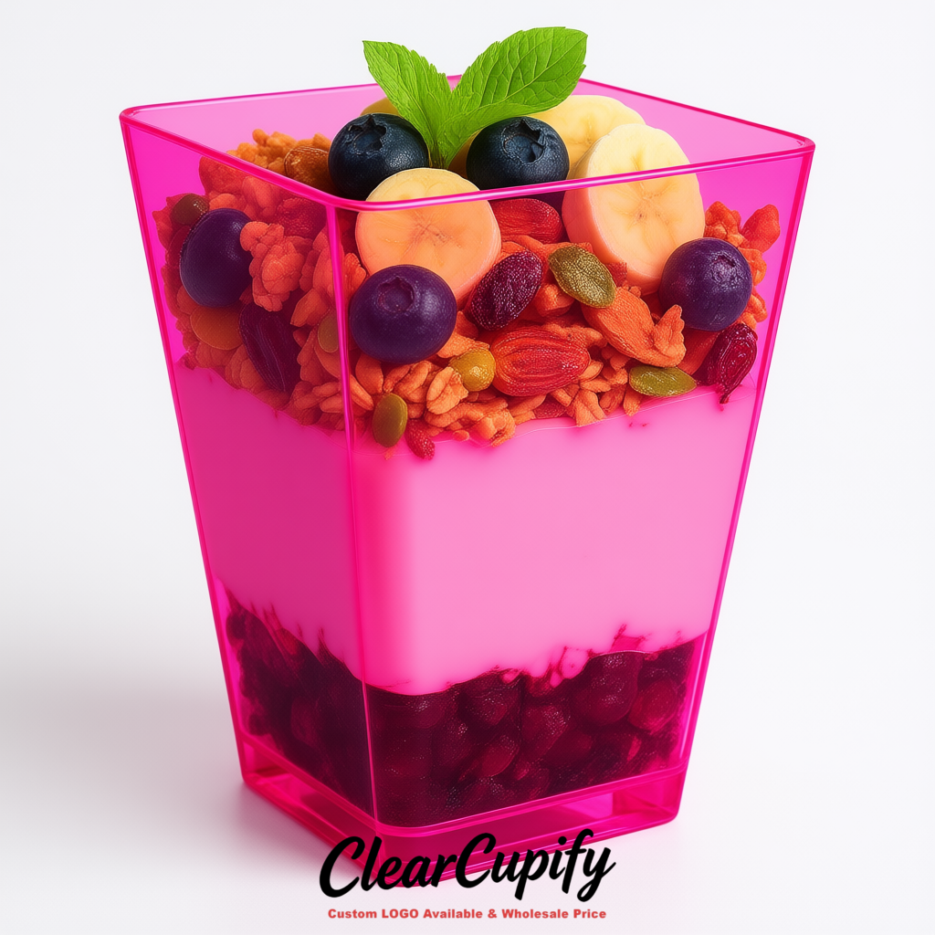 Wholesale Neon Pink 5 oz Square Clear Plastic Dessert Cups with Spoons for Appetizers, Puddings, Mousse, Parfait