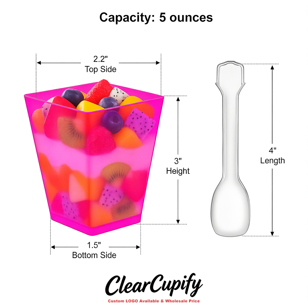 Wholesale Neon Pink 5 oz Square Clear Plastic Dessert Cups with Spoons for Appetizers, Puddings, Mousse, Parfait
