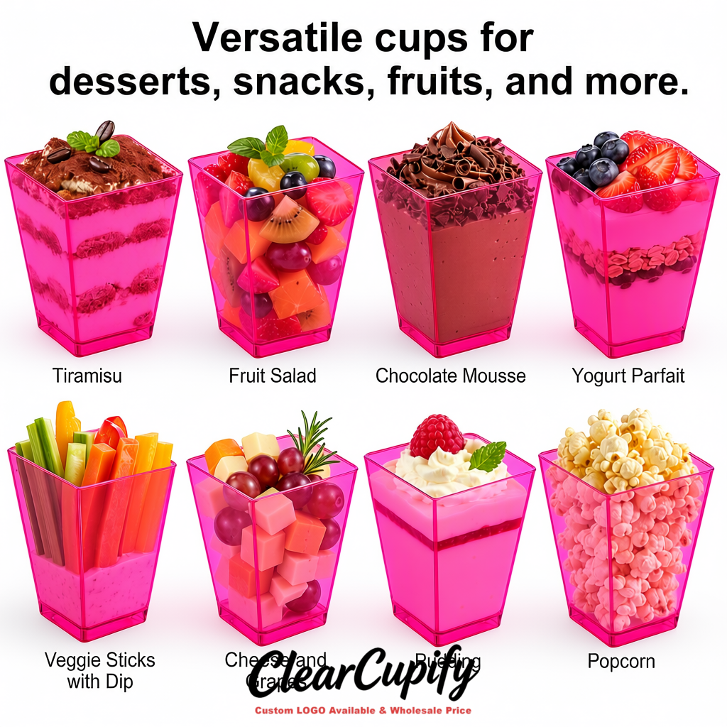Wholesale Neon Pink 5 oz Square Clear Plastic Dessert Cups with Spoons for Appetizers, Puddings, Mousse, Parfait