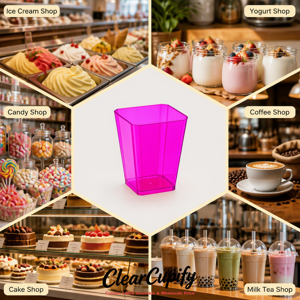 Wholesale Neon Pink 5 oz Square Clear Plastic Dessert Cups with Spoons for Appetizers, Puddings, Mousse, Parfait