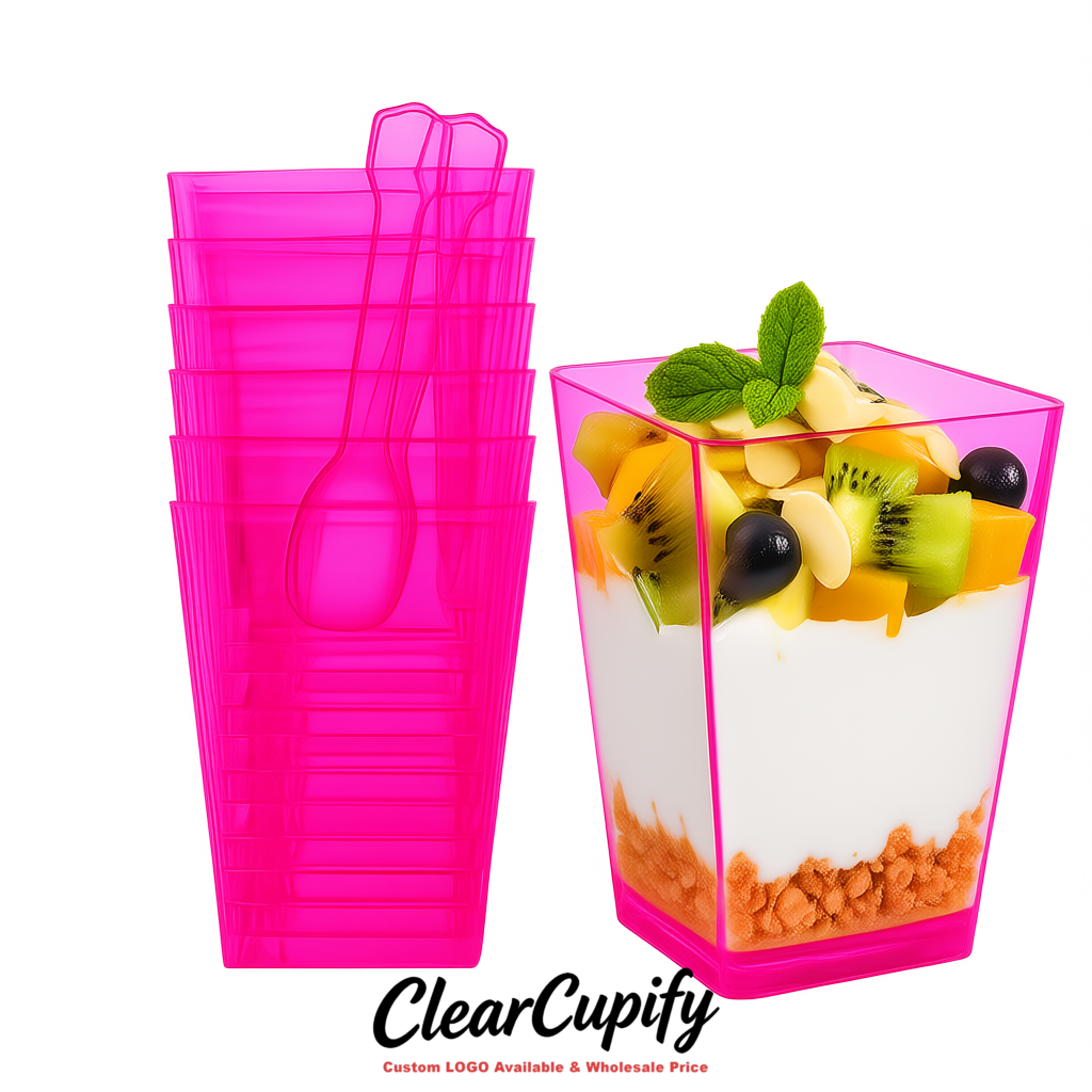 Wholesale Neon Pink 5 oz Square Clear Plastic Dessert Cups with Spoons for Appetizers, Puddings, Mousse, Parfait