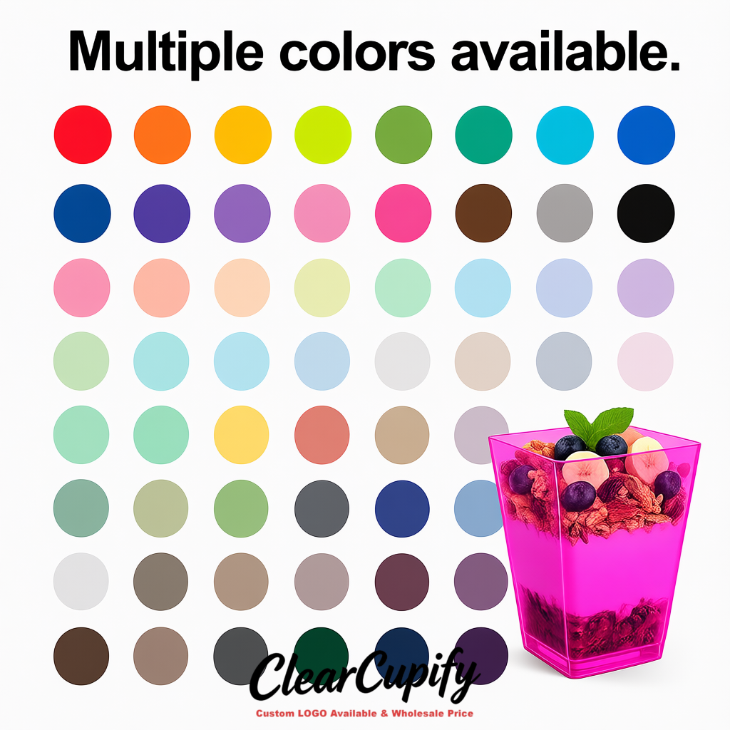 Wholesale Neon Pink 5 oz Square Clear Plastic Dessert Cups with Spoons for Appetizers, Puddings, Mousse, Parfait